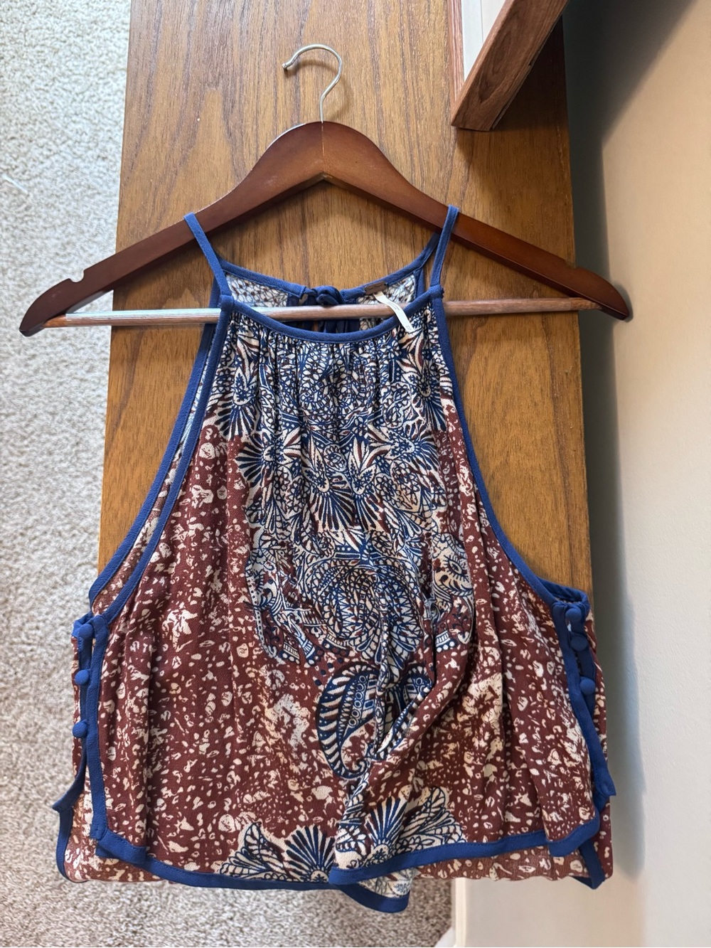 Free People Blue and Brown Break Free Paisley Cropped Halter top with Blue Trim